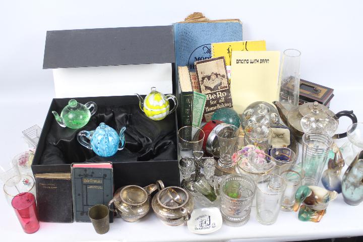 A mixed lot to include plated ware, ceramics, glassware, paperweights and similar.