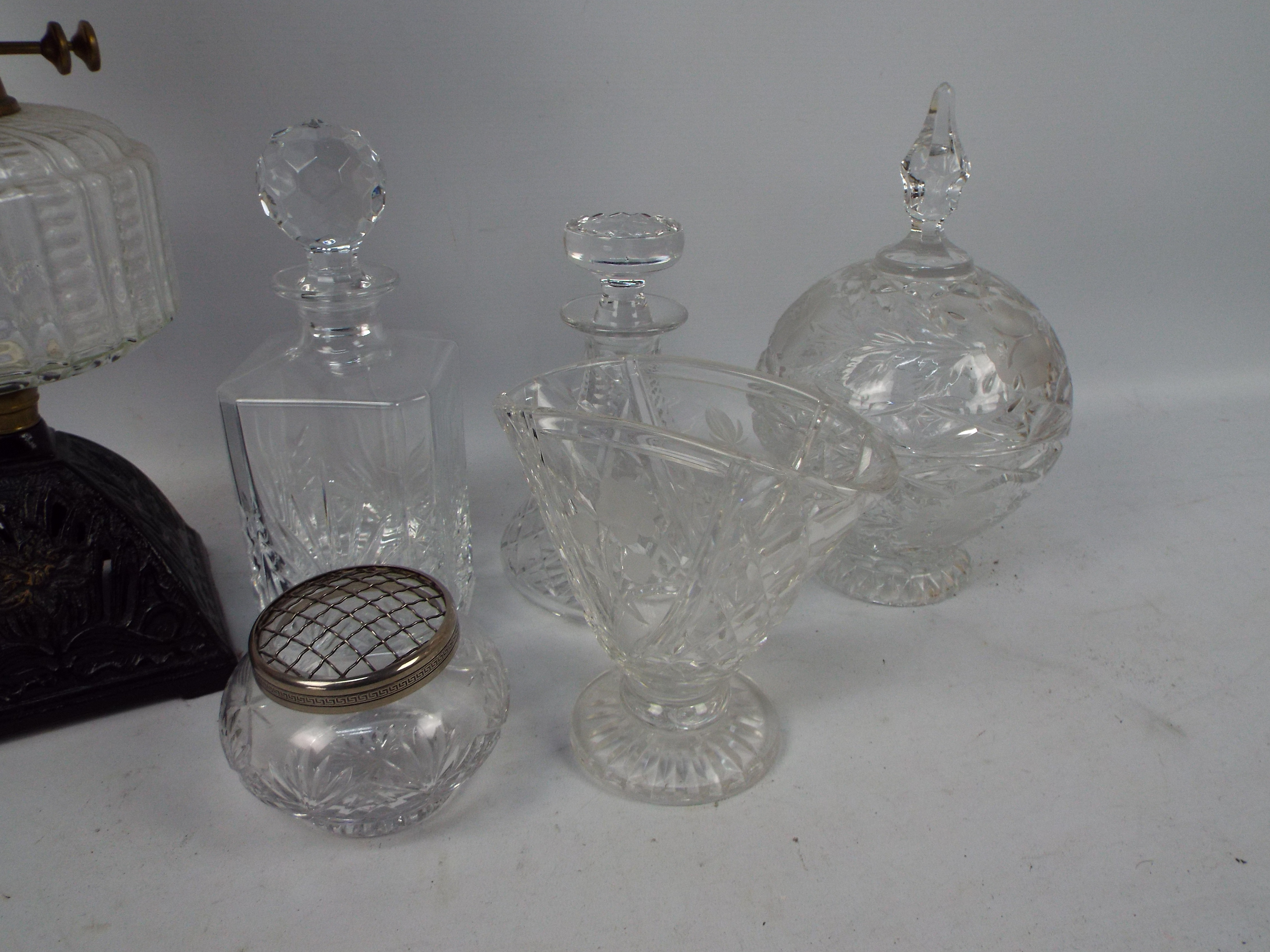 Lot to include a vintage oil lamp and a quantity of glassware including decanters. - Image 2 of 5