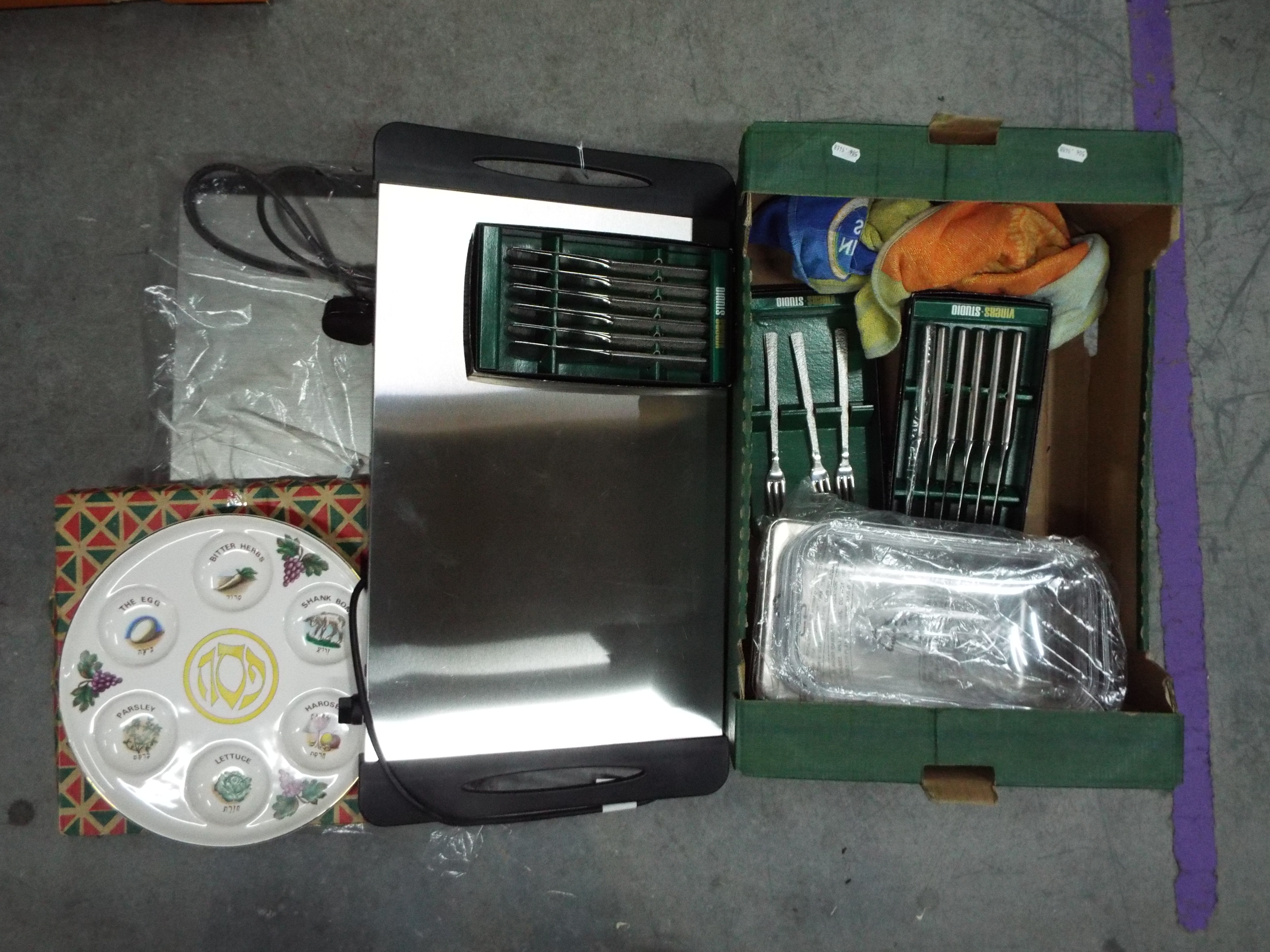 Two table top food warmers, boxed Viners flatware,