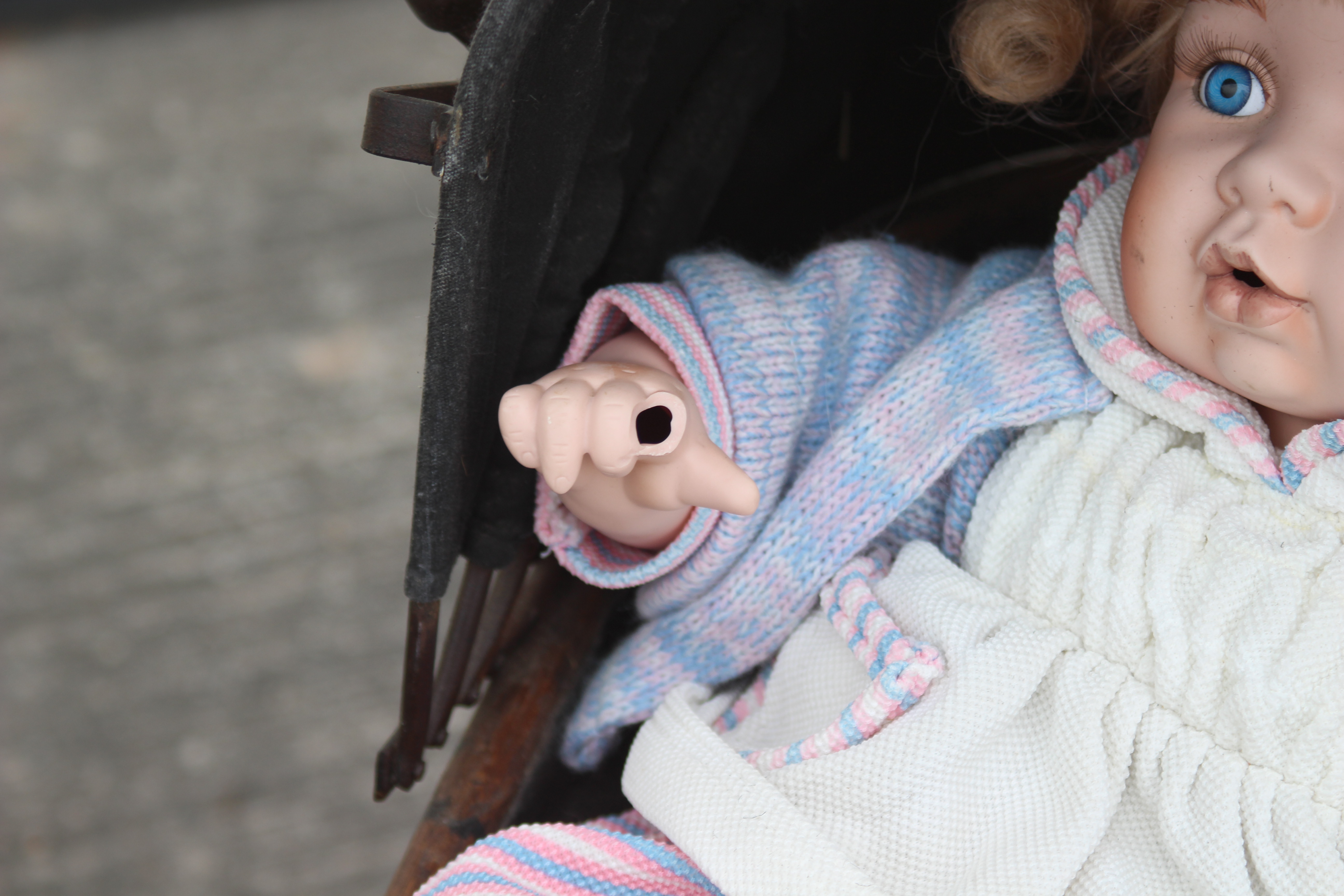 A group of vintage soft toys, a modern doll and ornamental Victorian styled pram. - Image 4 of 6