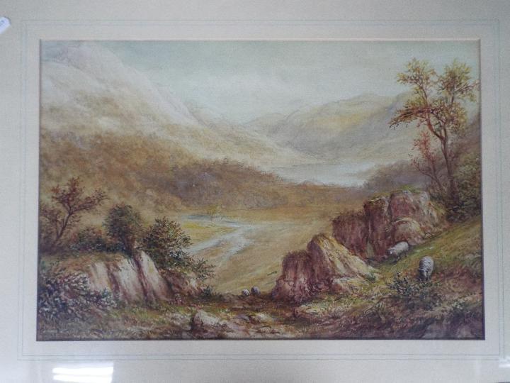 A watercolour landscape scene with sheep grazing to the foreground and a mountainous background, - Image 5 of 6