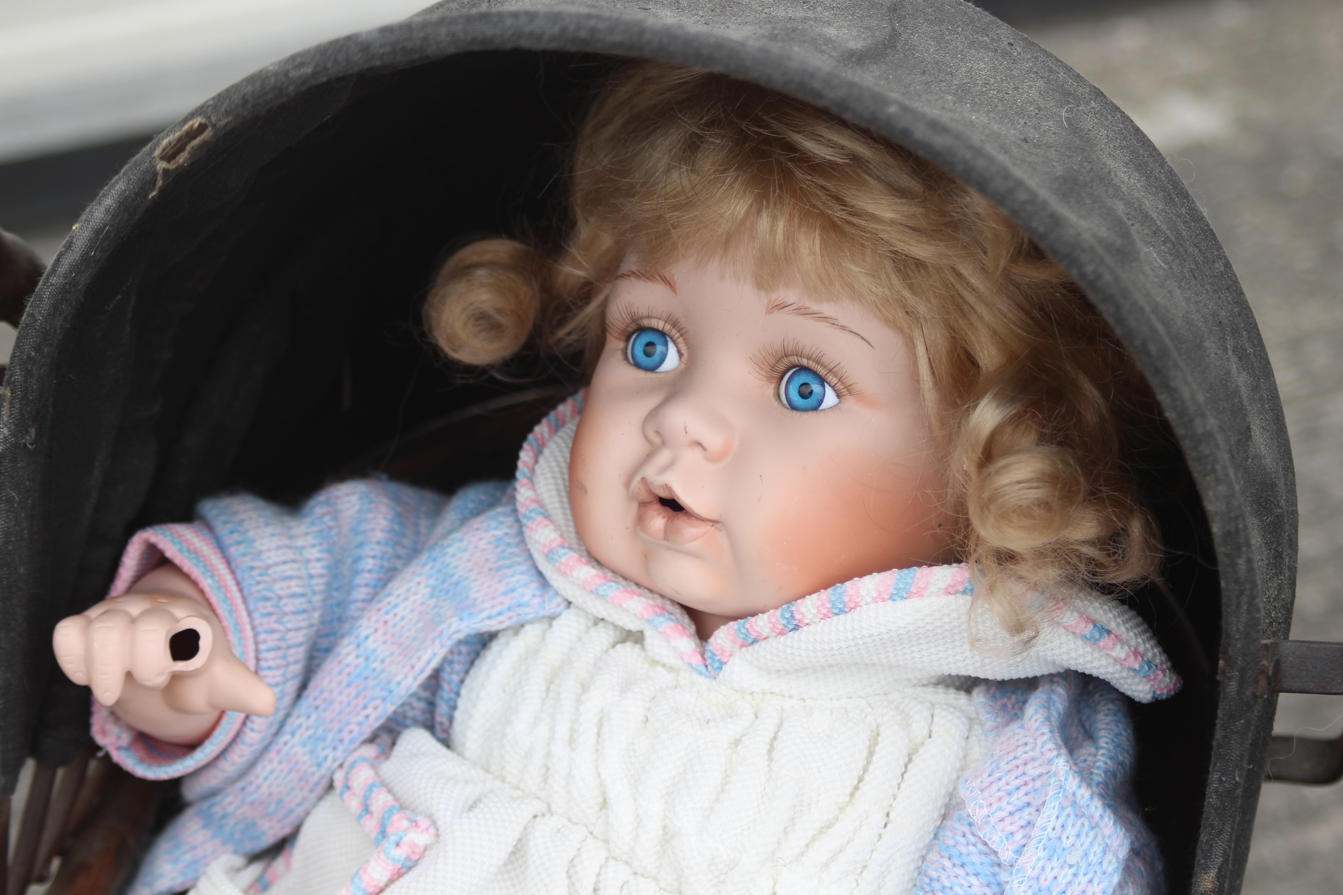 A group of vintage soft toys, a modern doll and ornamental Victorian styled pram. - Image 3 of 6