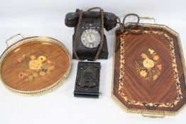 Two Italian twin handled trays, a vintage dial telephone and a Rajar No 6 camera.