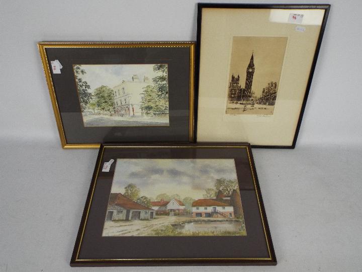 Two watercolours, one a farm scene and another architectural study, mounted and framed under glass,