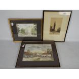 Two watercolours, one a farm scene and another architectural study, mounted and framed under glass,