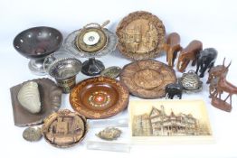 Lot to include treen, metalware including a Joseph Sankey & Sons copper crumb tray,