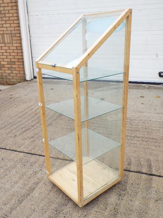 A pine framed display cabinet with glass shelves, approximately 137 cm x 46 cm x 48. - Image 2 of 4