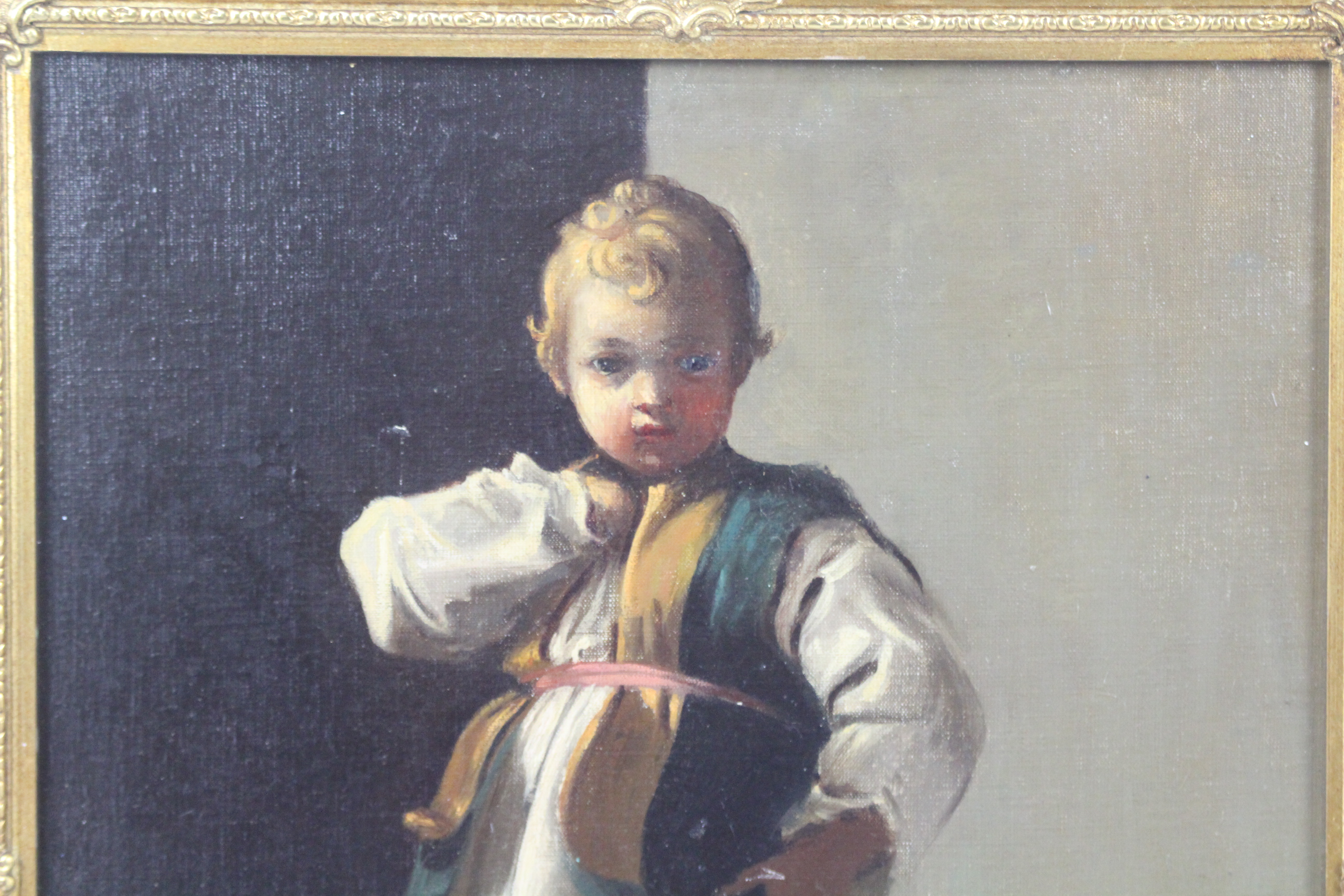 A gilt framed oil on panel depicting a young child, approximately 49 cm x 38 cm image size. - Image 2 of 4