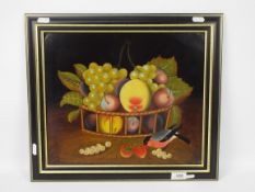 A framed oil painting still life on metal panel, signed lower right,