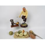 Lot to include onyx ornaments, vintage pipe and pipe stand and a golfing figure,