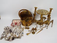 Lot to include brassware and plated flatware.