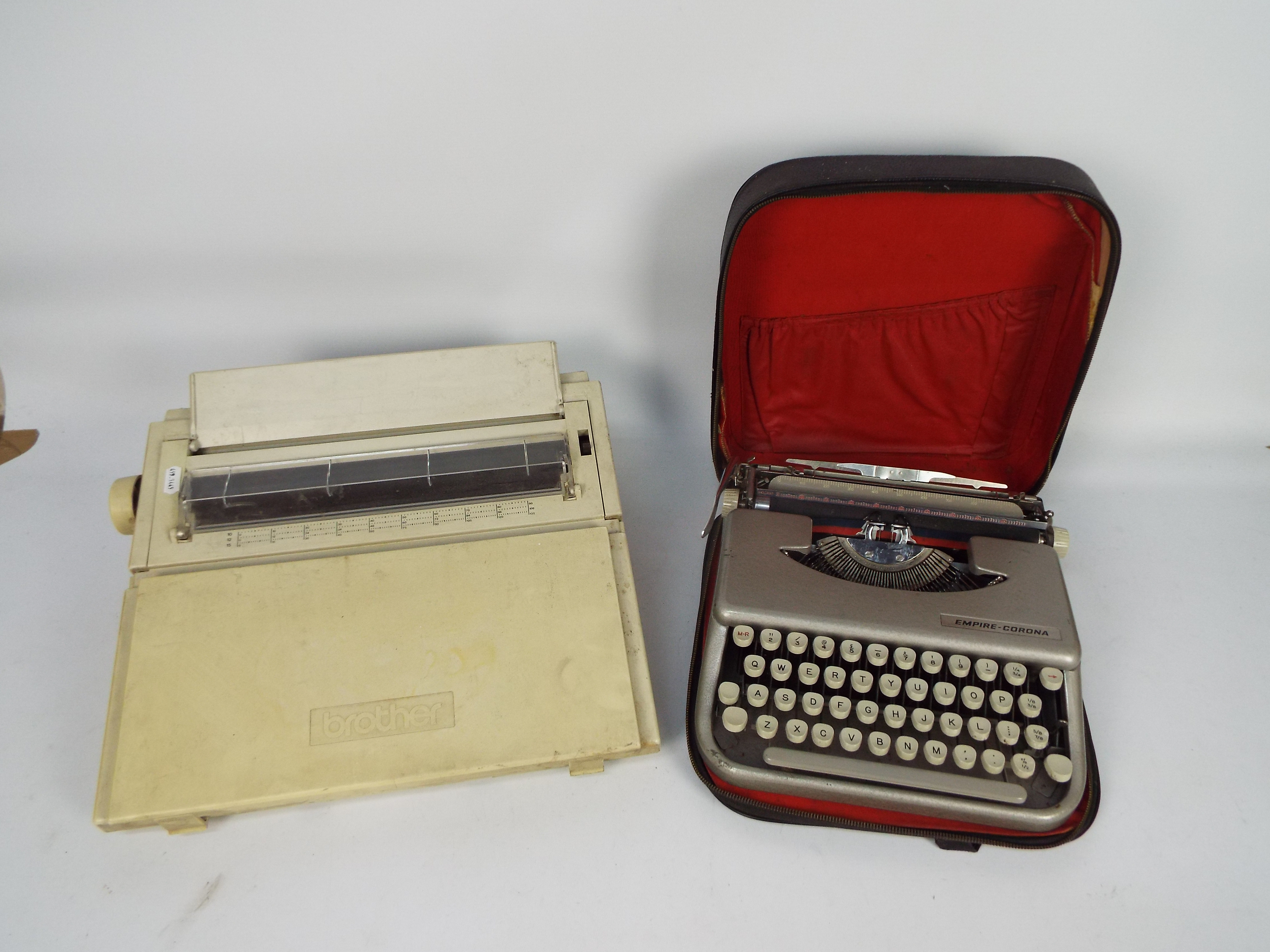 A Brother electric typewriter and an Empire Corona portable typewriter in carry case.