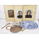A mixed lot to include two unframed portraits, blue and white meat plate, brass sovereign scales,