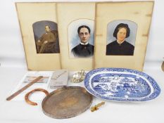 A mixed lot to include two unframed portraits, blue and white meat plate, brass sovereign scales,