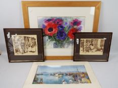 A collection of pictures to include a floral watercolour study, signed C Woodland,