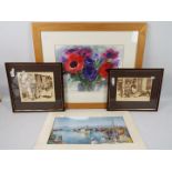 A collection of pictures to include a floral watercolour study, signed C Woodland,