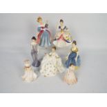 A collection of lady figures by Royal Doulton and Coalport, largest approximately 21 cm (h).