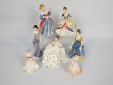 A collection of lady figures by Royal Doulton and Coalport, largest approximately 21 cm (h).