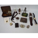 Mixed collectables to include silver cigarette case, bakelite Queen Victoria vesta case,