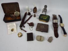 Mixed collectables to include silver cigarette case, bakelite Queen Victoria vesta case,