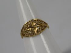 Yellow metal filigree ring, size L+½, 1.7 grams.