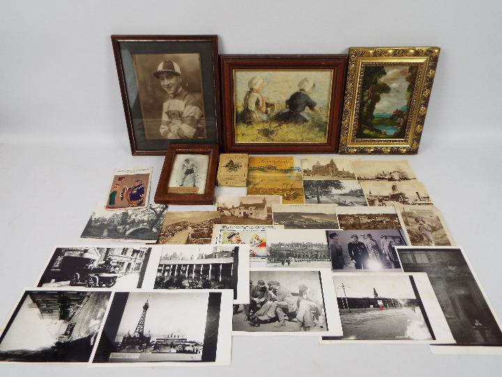 A mixed lot to include framed oil on board, black and white photographs,
