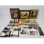 A mixed lot to include framed oil on board, black and white photographs,