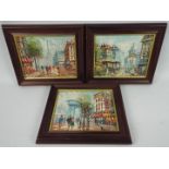 Three framed oil on canvas, Parisian street scenes, signed Burnett,