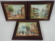 Three framed oil on canvas, Parisian street scenes, signed Burnett,