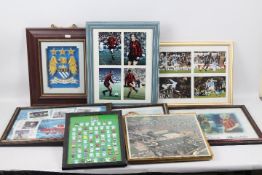 A collection of framed displays and wall art relating to Manchester City Football Club,