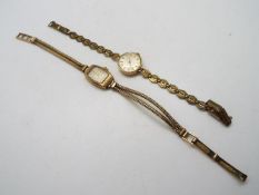 Two 9ct gold cased wrist watches on rolled gold / plated bracelets.