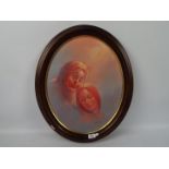 Keith English - An oval framed oil on board depicting a clown and a lady, signed lower right,