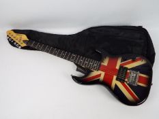 Encore 6-string electric solid guitar with Union Jack decoration in soft case