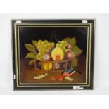 A framed oil painting still life on metal panel, signed lower right,