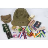 Lot to include medal ribbons, US Navy cap, various webbing and other.