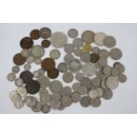 A collection of UK pre-decimal coins, predominantly 3d, 6d, 1/=,