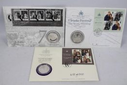 Silver Coins - Three royal commemorative coin covers comprising Royal Wedding Harry & Meghan,