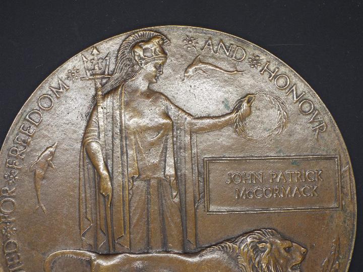 A World War One (WW1 / WWI) bronze memorial plaque to John Patrick McCormack. - Image 3 of 5