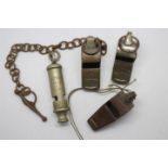 Vintage whistles to include three Acme Thunderer, one marked for LM&SR and a J Hudson & Co,