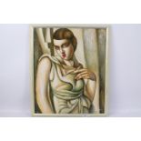 A framed oil on canvas half length portrait of a lady in the manner of Tamara de Lempicka,