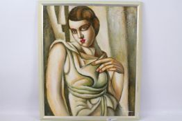 A framed oil on canvas half length portrait of a lady in the manner of Tamara de Lempicka,