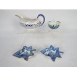 Lot to include two blue and white leaf form pickle dishes in the style of Bow (12 cm length),