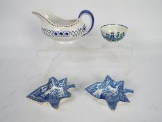 Lot to include two blue and white leaf form pickle dishes in the style of Bow (12 cm length),