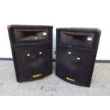 A pair of HQ Power passive P.A speakers with black carpet wrap.