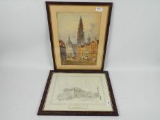 A watercolour on paper, Antwerp street scene, indistinctly signed lower left,