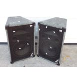 A pair of Mach passive P.A speakers with grey carpet wrap.