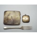 Silver group to include cigarette case with engine turned decoration, vesta case and fork,