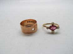 A 9ct rose gold band ring (stone lacking), size N and a stone set ring stamped 9ct, size K+½,