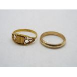 A 9ct gold wedding band, size K+½ (2.5 grams) and a yellow metal ring stamped 18c, size O (1.