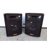A pair of HQ Power passive P.A speakers with black carpet wrap.